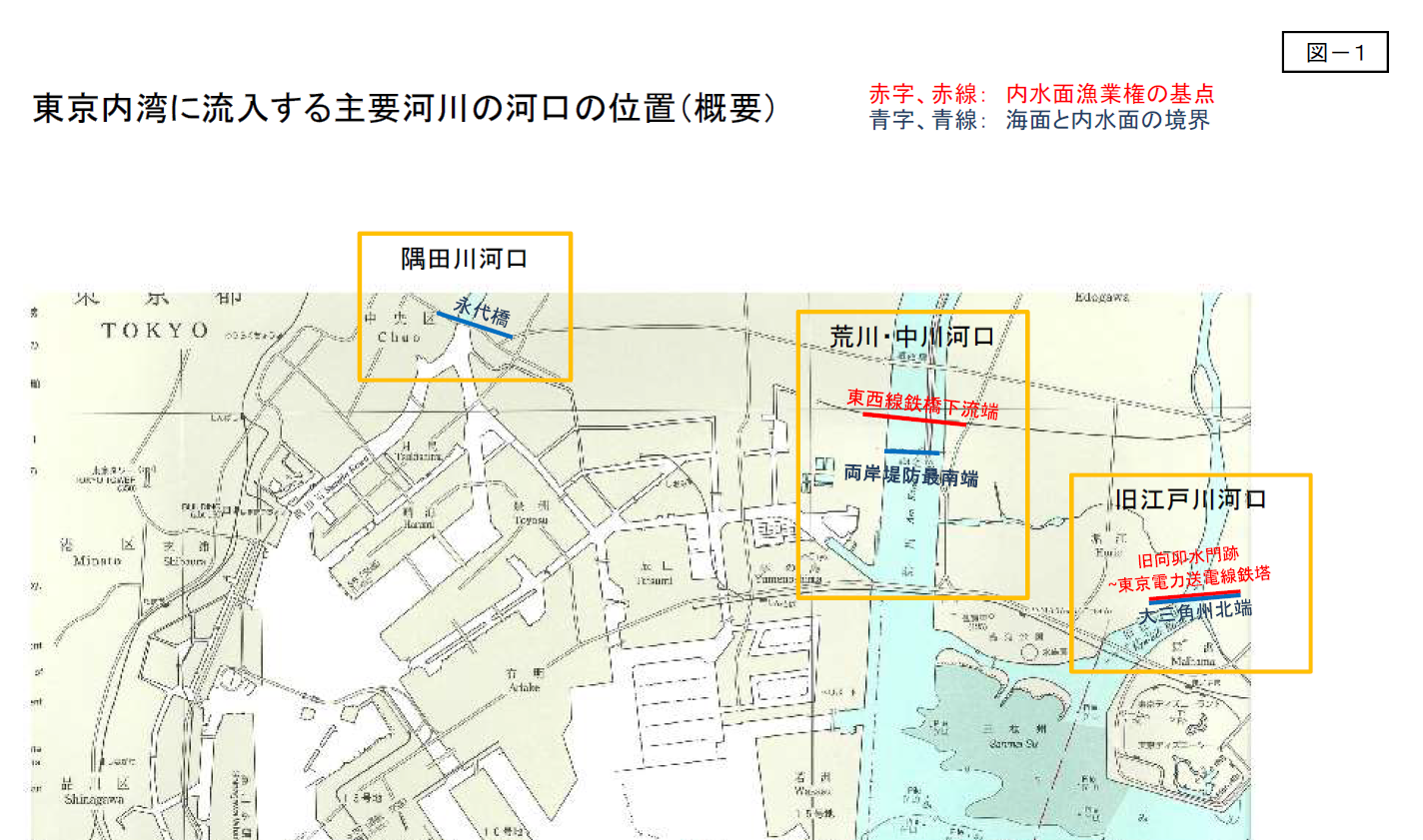 東京内湾に流入する主要河川の河口の位置（概要）